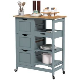 Dining Rolling Kitchen Cart, Gray, with Wood Top, Shelves & Drawers