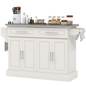 Narrow Kitchen Island, Mobile Island Cart with Hiding Wheels, 2 Drowers, Spice Rack Towel, for Home, Dinning Room, Cream White