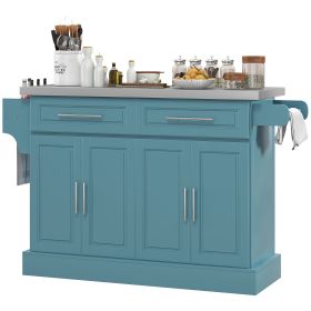 Narrow Kitchen Island, Mobile Island Cart with Hiding Wheels, 2 Drowers, Spice Rack Towel, for Home, Dinning Room, Teal Blue