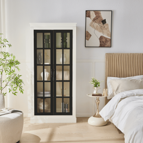 71.2'' Freestanding Pantry Cabinet with Glass Door, Farmhouse Display Cabinets with Storage, Curio Cabinet with Lattice Window for Hallways