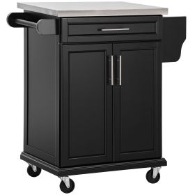 Rolling Kitchen Cart, Black, with Stainless Steel Countertop, Spice Rack, Island on Wheels