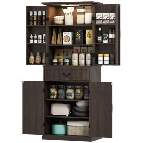 71" LED Kitchen Pantry Cabinet, Farmhouse Storage Cabinet with Door Shelves, Distressed Brown