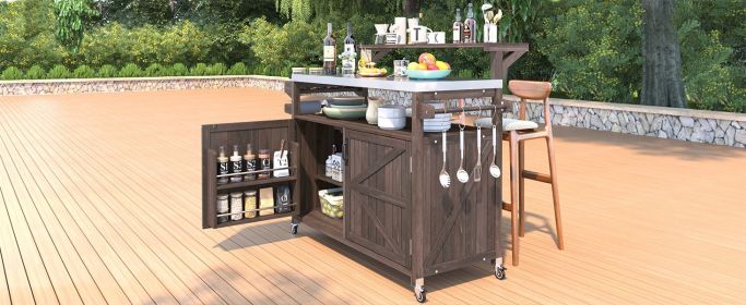 K&K 53.3" Outdoor Kitchen Island with Raised Shelf, Solid Wood Storage Cabinet with Stainless Steel Top