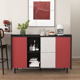 Sideboard Buffet Cabinet, Black Storage Cabinet with Red Doors , 2 Drawers with unique panel styling and 2 Open Storage Compartment