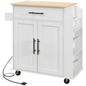 HOMCOM Kitchen Island with Storage, Rolling Kitchen Cart with AC Outlets and USB Ports, Microwave Stand with Towel and Spice Rack, White