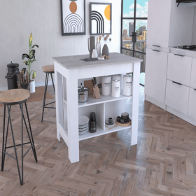 Kitchen Island Dozza, Three Shelves, White / Ibiza Marble Color Finish