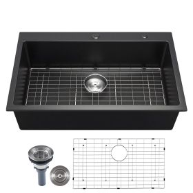 VEVOR 33 inch Kitchen Sink Workstation, Top Mount Granite Sinks, Drop-In Single Bowl Farmhouse Basin with Multiple Accessories