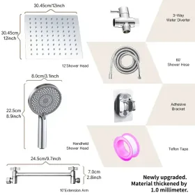 12-inch High-flow Square-shaped Design Shower Head Set, Water-saving High-pressure Rain Head For Smooth Flow, 11-inch Adjustable Arm For Comfort, (Option: Exquisitesilver)