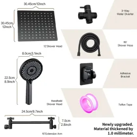 12-inch High-flow Square-shaped Design Shower Head Set, Water-saving High-pressure Rain Head For Smooth Flow, 11-inch Adjustable Arm For Comfort, (Option: MatteBlack)