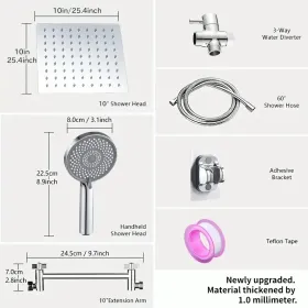 RV Shower Head, 10 Inch High Pressure Rain Shower Stainless Steel Shower Head With Handheld Shower Combo With 59 Inch Extra Long Hose, Adhesive S (Option: silvery)
