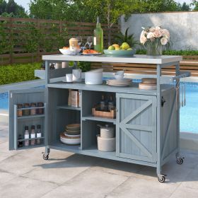 K&K Outdoor Kitchen Island, Rolling Bar Cart & Storage Cabinet, Farmhouse Solid Wood Outdoor Grill Table with Stainless Steel Top, Spice Rack (Color: as Pic)