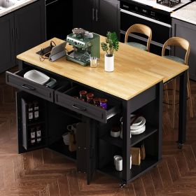 47 inch Kitchen Island with Extendable Dining Table, Rubber Wood Veneer Kitchen Table with Internal Storage Rack, Power Outlet (Color: Black, Material: MDF,Rubber Wood)